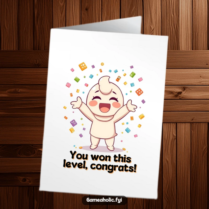 Funny Free Printable Congrats Card: Happy character celebrating by throwing confetti made of small game icons, signifying a victory.