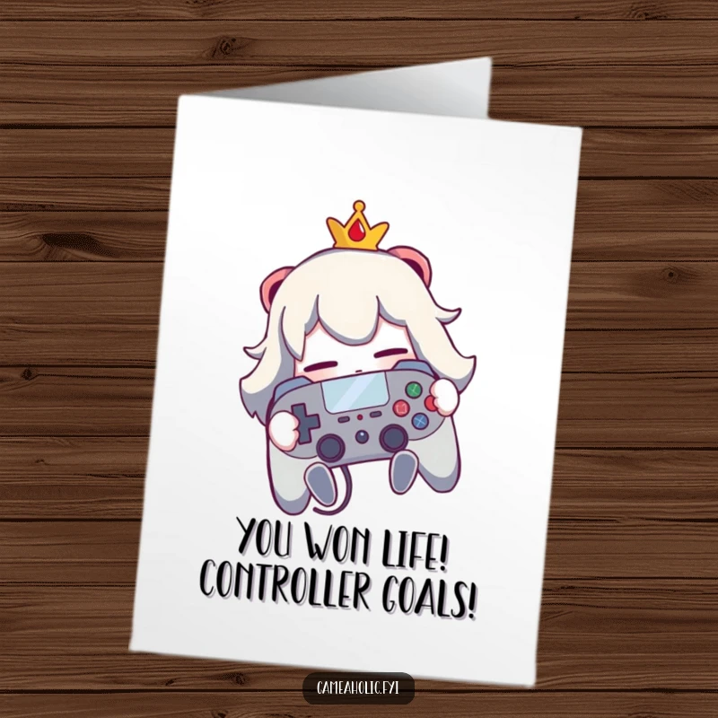Funny Free Printable Congrats Card, ecstatic gamer hugging a controller, celebrating a victory, pure delight.