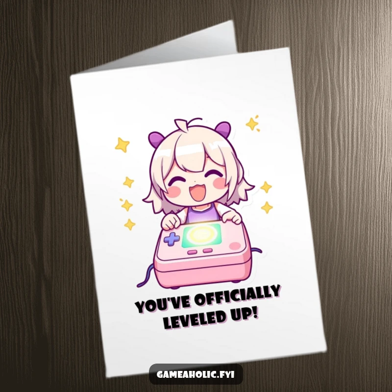 Funny free printable congratulations card featuring a gamer powering up a glowing console, celebrating a win.