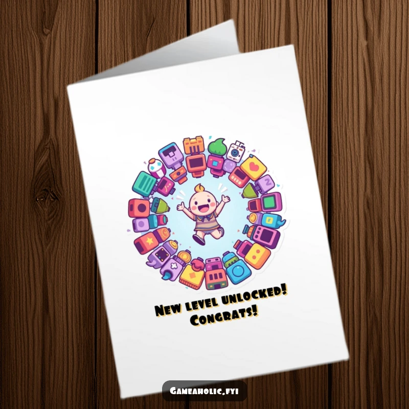 Funny Free Printable Congrats Card: Joyful gamer character leaping through a swirling portal of colorful game icons.