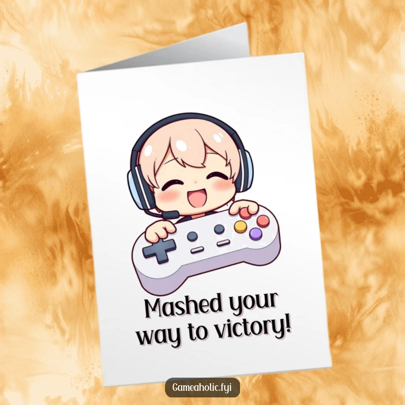 Funny Free Printable Congratulations Card: Character celebrates win by enthusiastically mashing giant game controller buttons.
