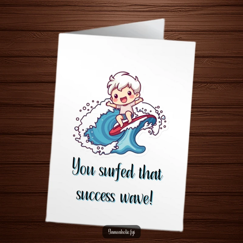Funny Free Printable Congrats Card: Cheerful character surfing a stylized pixelated wave, representing a triumphant accomplishment.