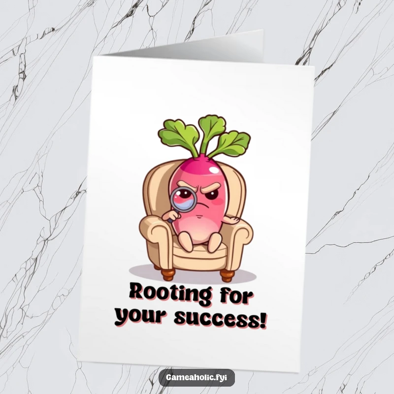 Funny Free Printable Congratulations Card: Grumpy radish in a tiny chair intently examining something with a magnifying glass.