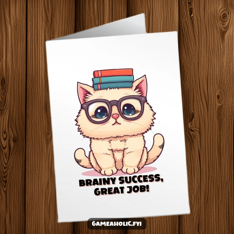 Funny Free Printable Congratulations Card: Cat in oversized glasses skillfully balancing an impressive stack of academic books.