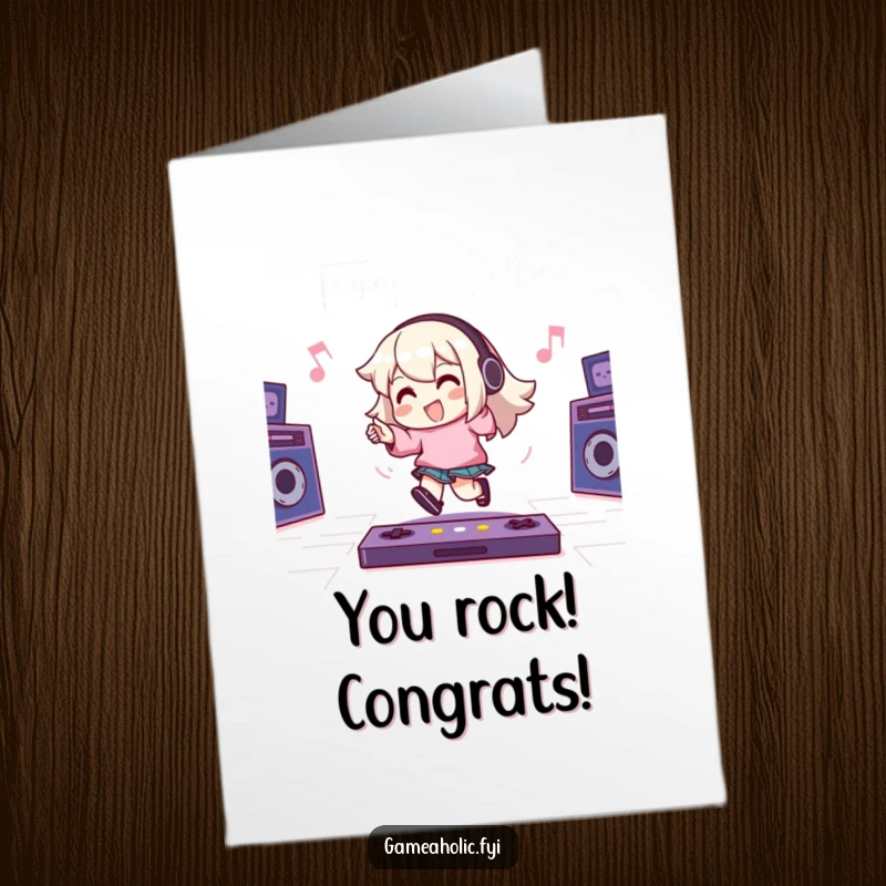 Funny Free Printable Congrats Card: Gamer character tapping their foot to an energetic game beat, celebrating a win with joy.