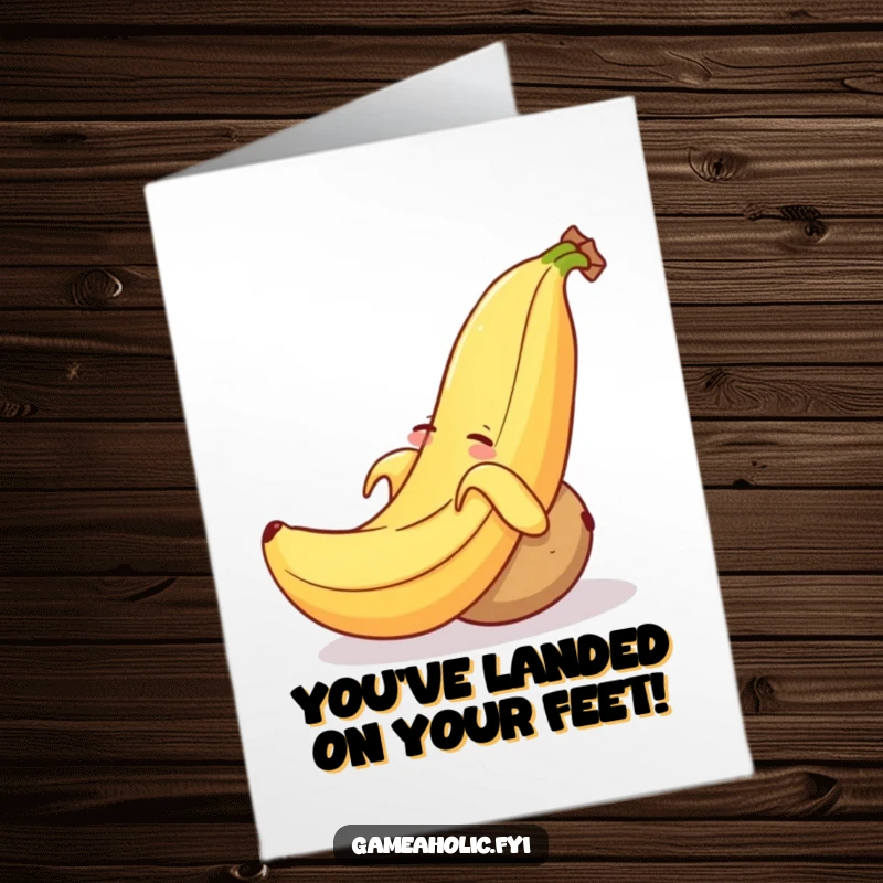 Funny Free Printable Congratulations Card: A banana peel attempts to trip a rolling potato, but the potato is too sleepy to notice.