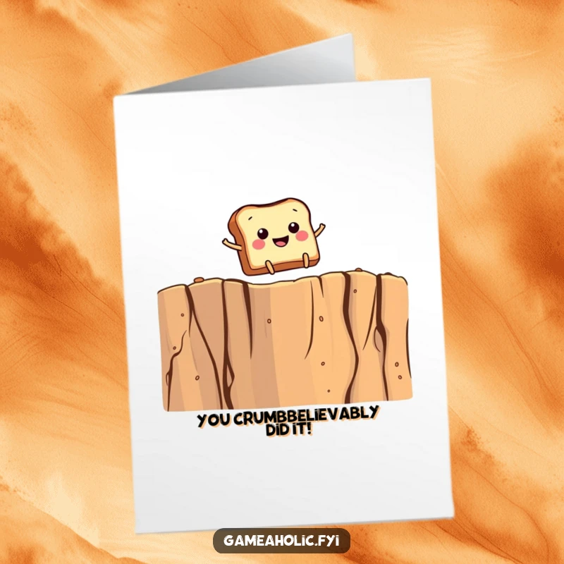 Funny Free Printable Congratulations Card: Toast character with little legs leaping dynamically over a massive crumb cliff, showing determination.