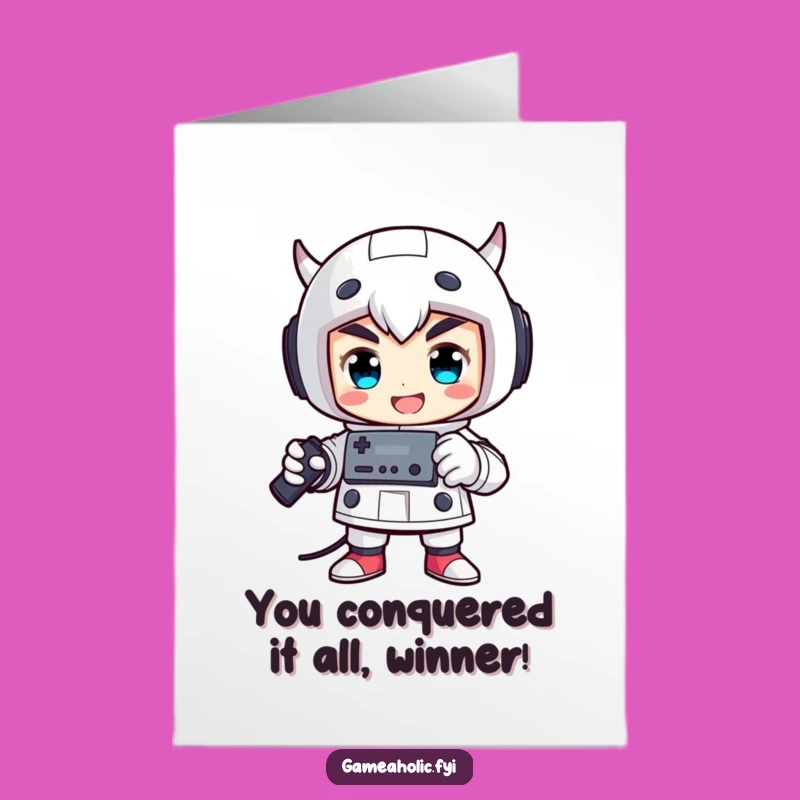 Free Printable Congrats Card: Victorious Gamer Pose, Winning Controller Downloadable Gift