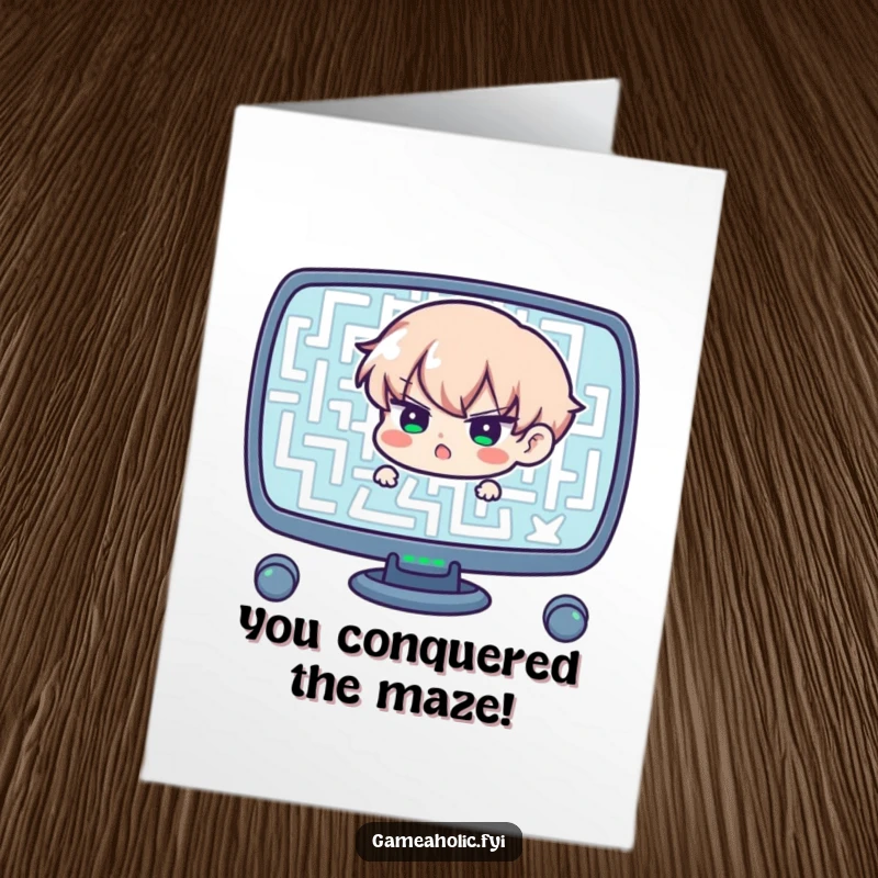 Funny Free Printable Congrats Card: Determined character successfully navigating a complex maze on a screen, marking a breakthrough.