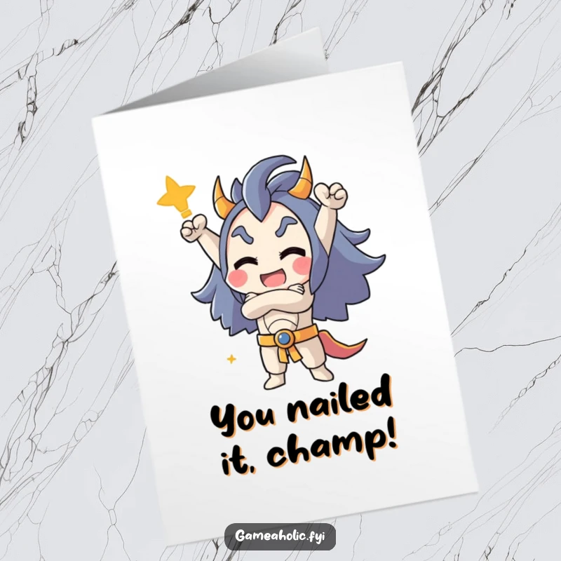 Funny Free Printable Gamer Congratulations Card: Character striking a victorious pose with crossed arms after a major win.