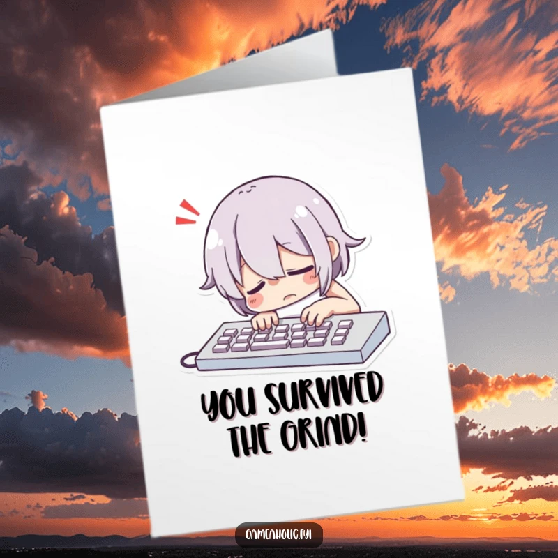 Funny Free Printable Congratulations Card: Character dramatically slumps over a keyboard with an exaggerated sigh, conveying relief and humor.