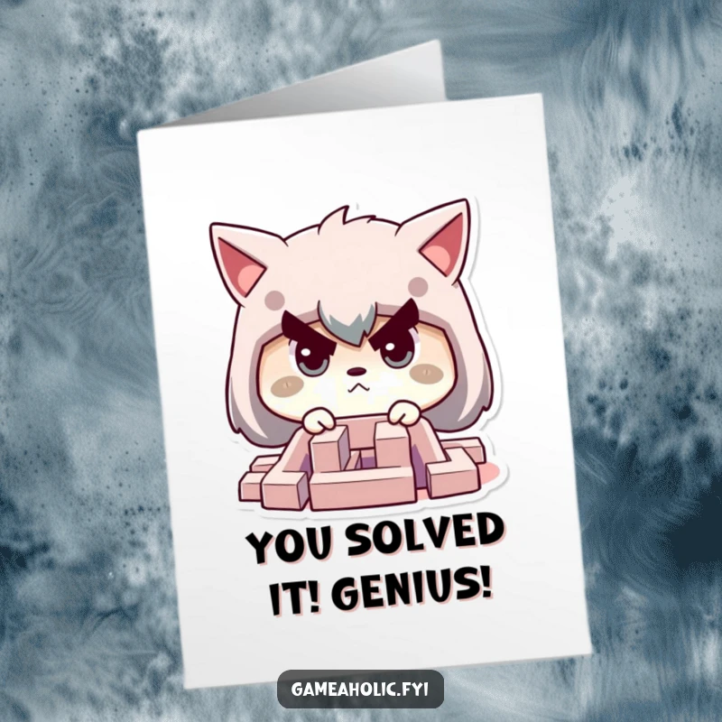 Funny Free Printable Congratulations Card: Character showing determination while focused on a tiny challenging maze. Downloadable success gift.