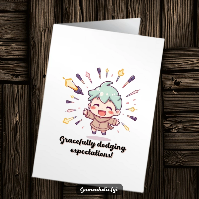 Funny Free Printable Congrats Card: Character with a wide grin playfully dodges digital projectiles, celebrating a major win.