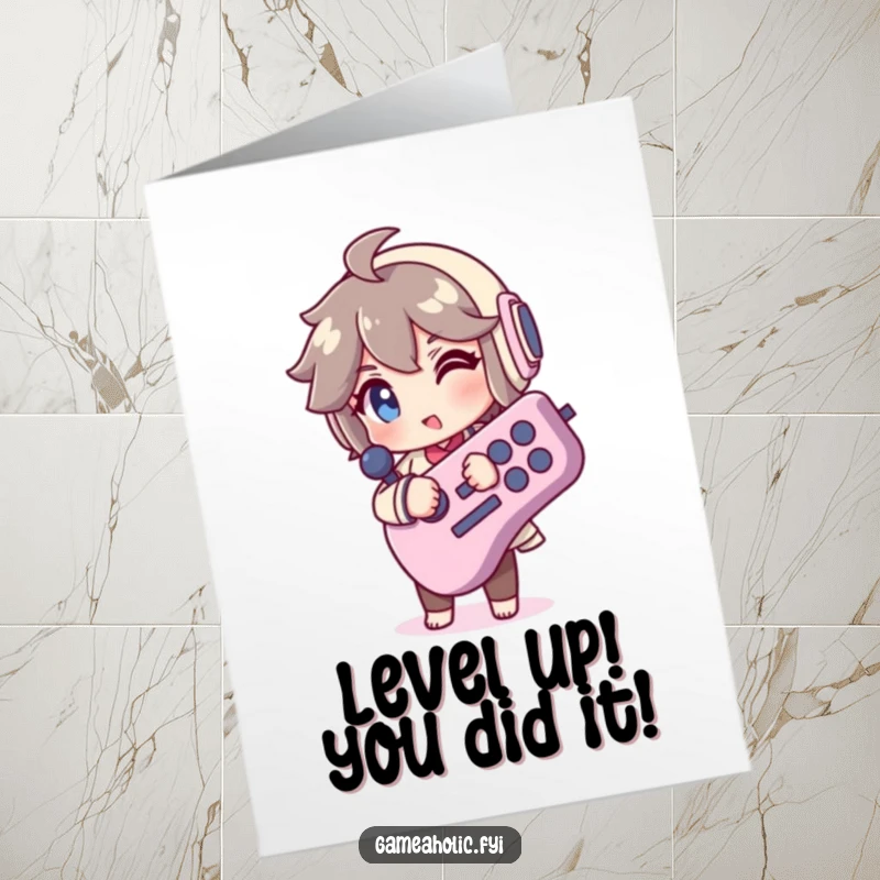 Funny Free Printable Congrats Card: Winking gamer character holding a giant joystick, celebrating a gaming achievement with a wink.