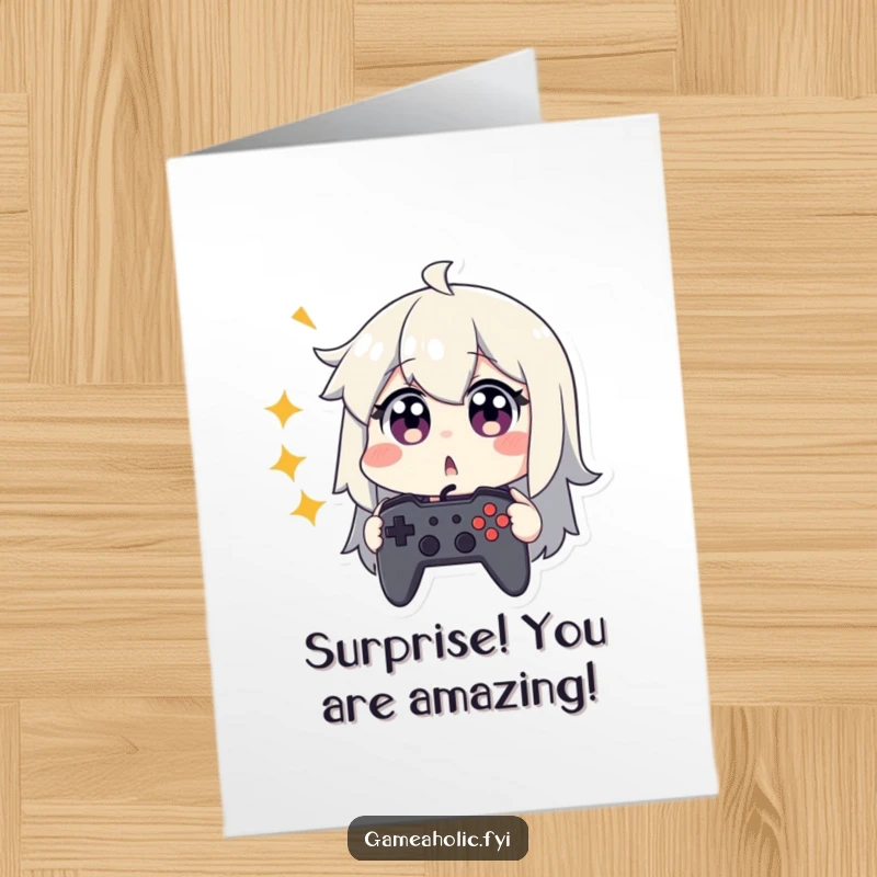 Funny Free Printable Congratulations Card: Character wide-eyed, clutching a game controller in utter surprise at their win.