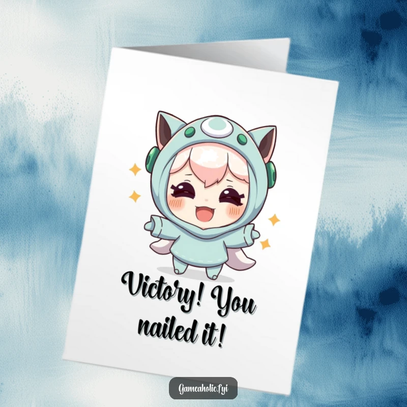 Funny Free Printable Congrats Card: Character with joyful eyes celebrating a successful in-game maneuver, pure gaming triumph.