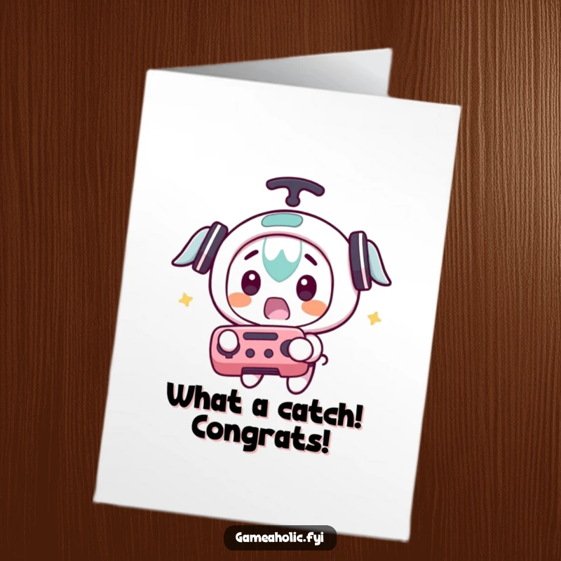 Funny Free Printable Congratulations Card: Gamer character with a shocked face, expertly catching a stray game controller, downloadable.