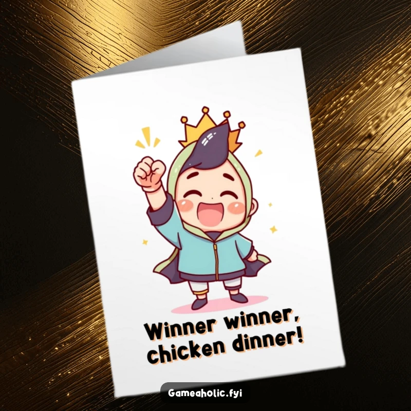 Funny Free Printable Congratulations Card with a character performing a joyful, triumphant fist pump after winning.