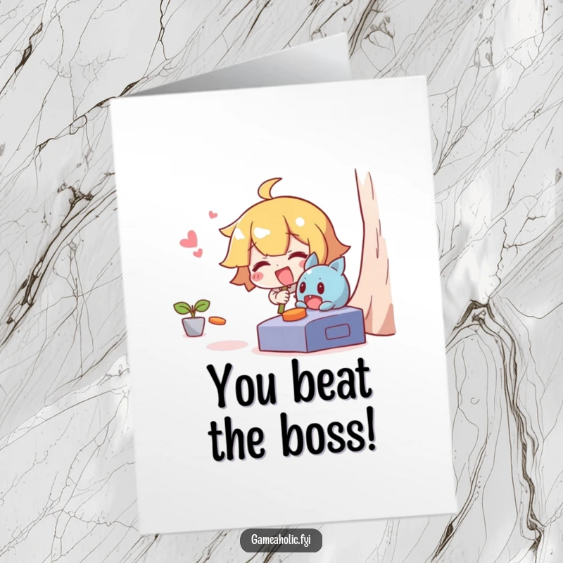 Funny Free Printable Congrats Card: Giggling character chasing a mischievous character escaping a game, celebrating a win.