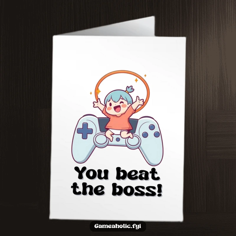 Funny free printable congratulations card depicting a gamer leaping through a controller hoop, celebrating success.