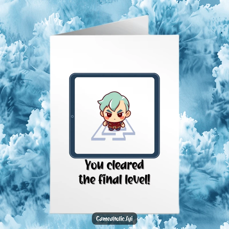 Funny Free Printable Congratulations Card: Character navigating a maze on a tablet screen, representing problem-solving and achievement. A techy downloadable card.