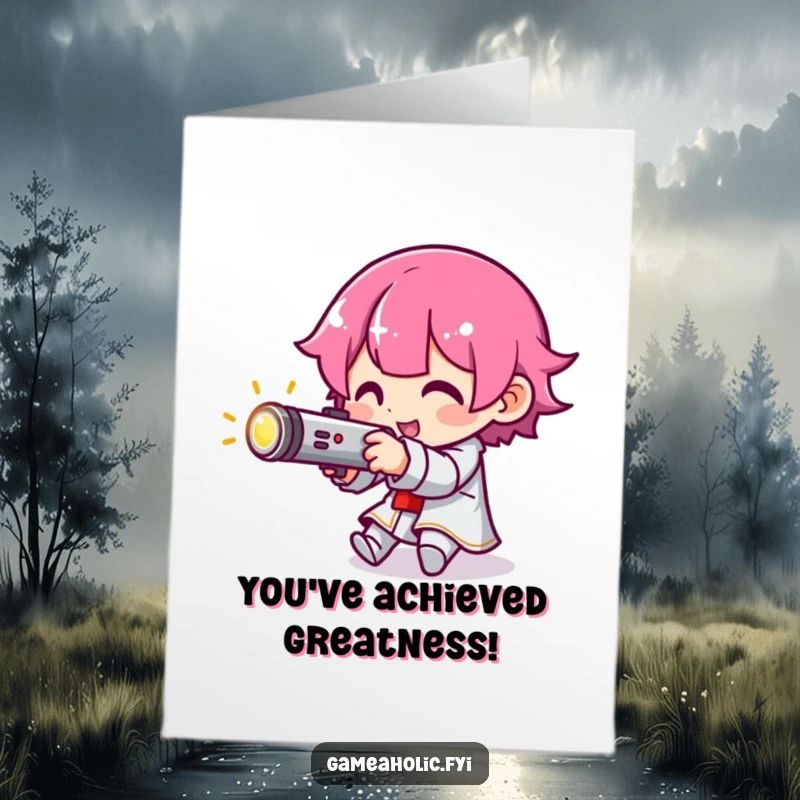 Funny Free Printable Congratulations Card: Gamer character intensely aiming a glowing joystick, symbolizing focus and success, downloadable.