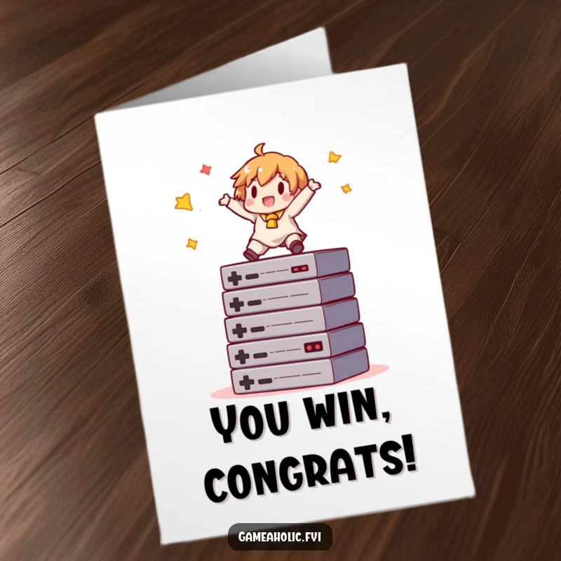 Funny Free Printable Congratulations Card: Gamer character balancing on game cartridges, celebrating a major win.