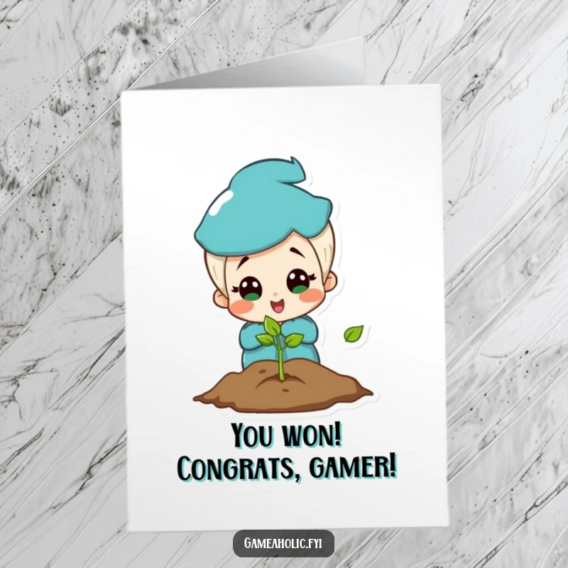 Funny Free Printable congratulations card with a charming character surprised by a game screen, celebrating a win.