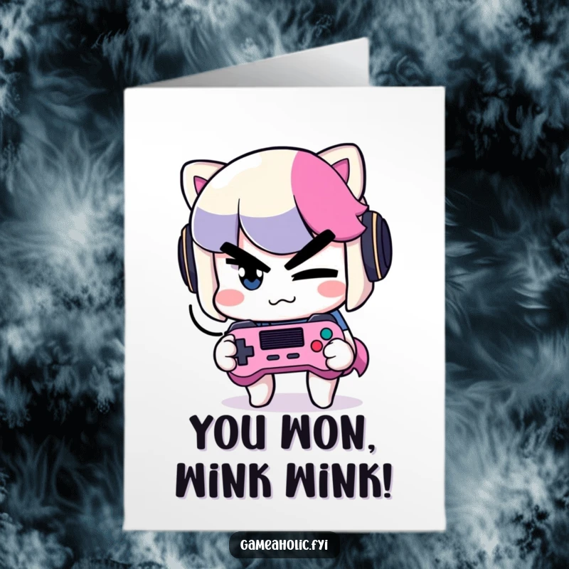 Funny Free Printable Congrats Card: Sly character winking while holding a game controller, celebrating a win with mischief.