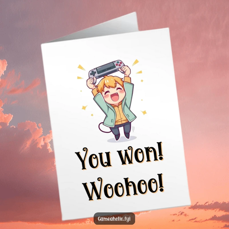 Funny Free Printable Congrats Card: Character excitedly throws a gamepad in the air with pure joy, celebrating victory, DIY.
