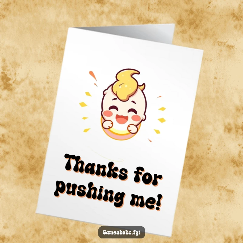 Funny Free Printable Thank You Card: A cute character joyfully smashes a glowing button, activating a thank you message with a happy grin.