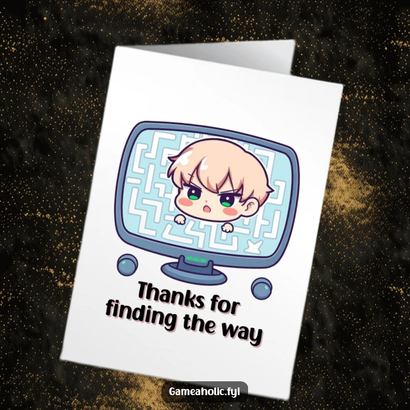 Funny Free Printable Thanks Card: Determined character navigating a complex digital maze, symbolizing help through challenges.