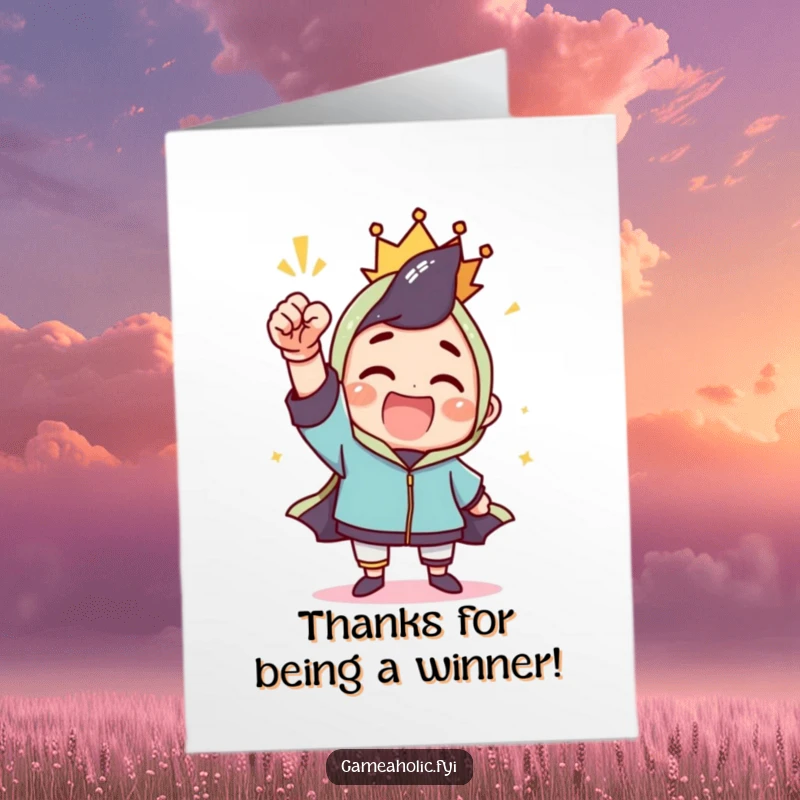 Funny Free Printable Thank You Card depicting a character doing a triumphant fist pump, expressing thanks.