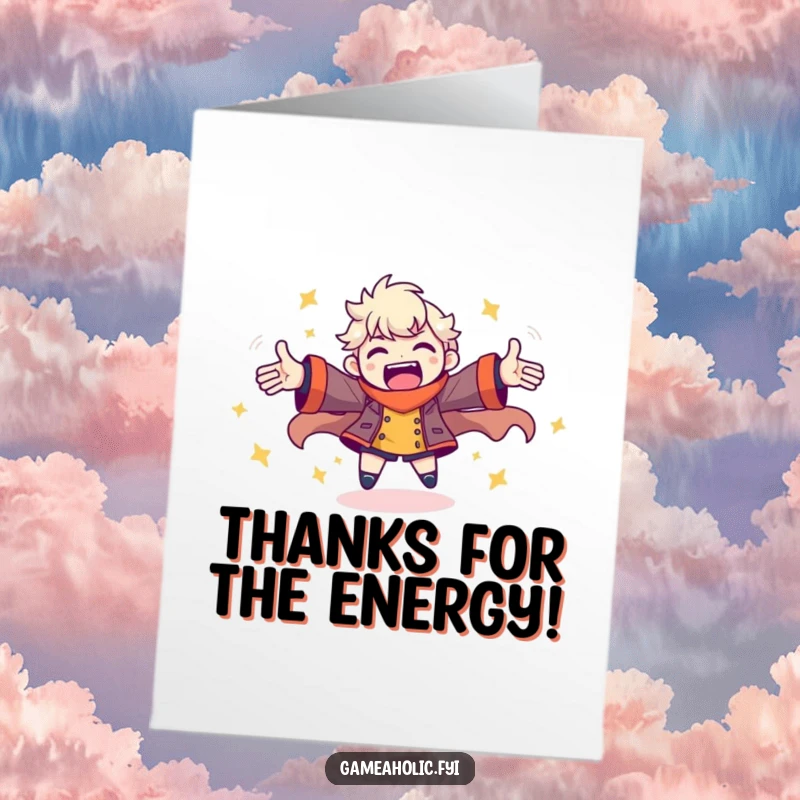 Funny Free Printable Gamer Thank You Card: Character spins with arms outstretched, full of gaming energy, expressing thanks.