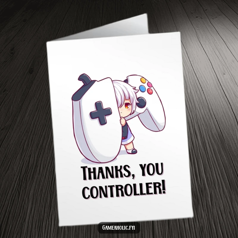 Funny Free Printable Gamer Thank You Card: Character peeks playfully from behind a giant controller, expressing thanks.