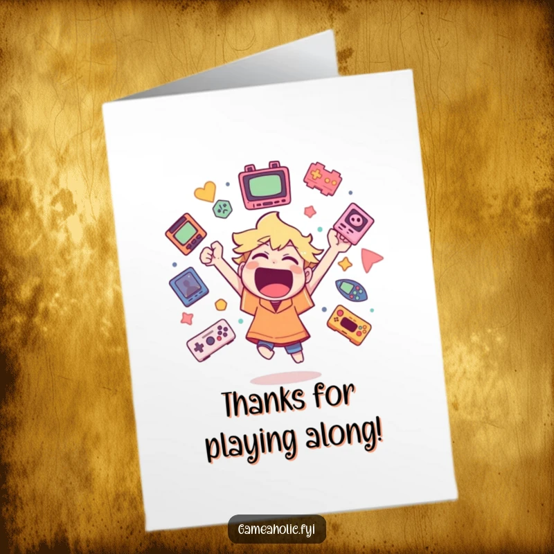 Funny Free Printable Thank You Card: Gamer cheers surrounded by game icons, expressing sincere thanks. A downloadable gamer gift.