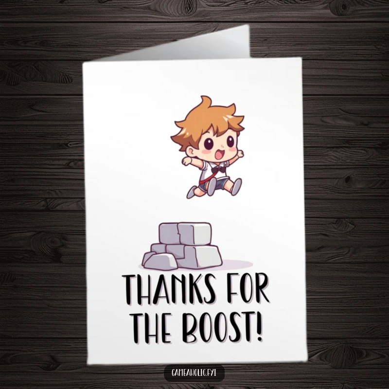 Funny Free Printable Thank You Card: Character leaping over a pixelated obstacle, thanking for overcoming challenges.