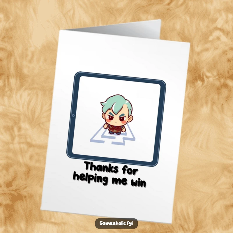 Funny Free Printable Thank You Card: Character navigating a maze on a tablet screen, showing gratitude. A clever and modern downloadable card.