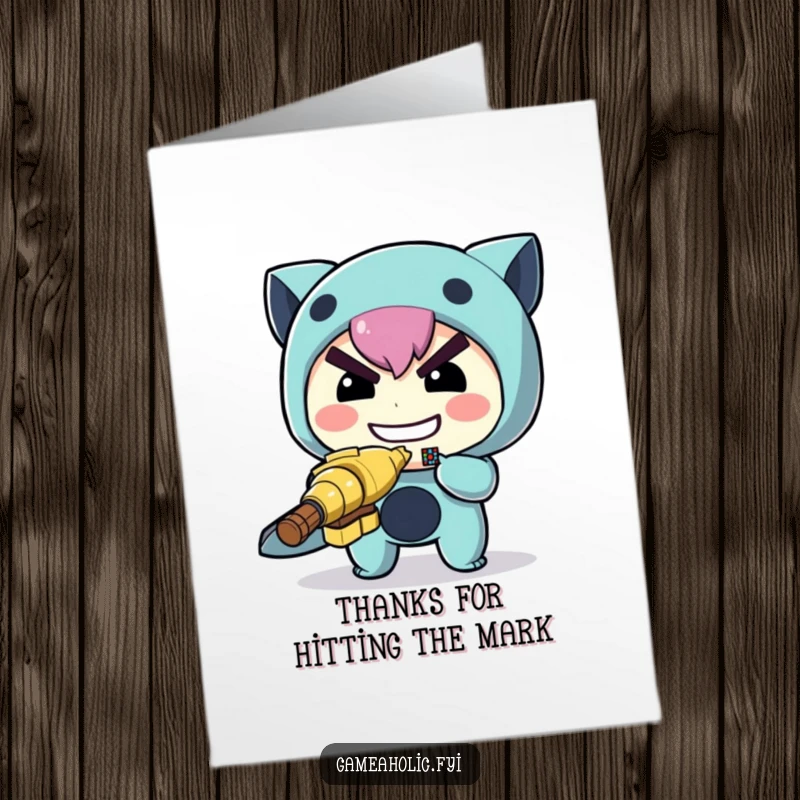 Funny Free Printable Thank You Card: Character with determined grin aiming a tiny pixelated target, expressing thanks.