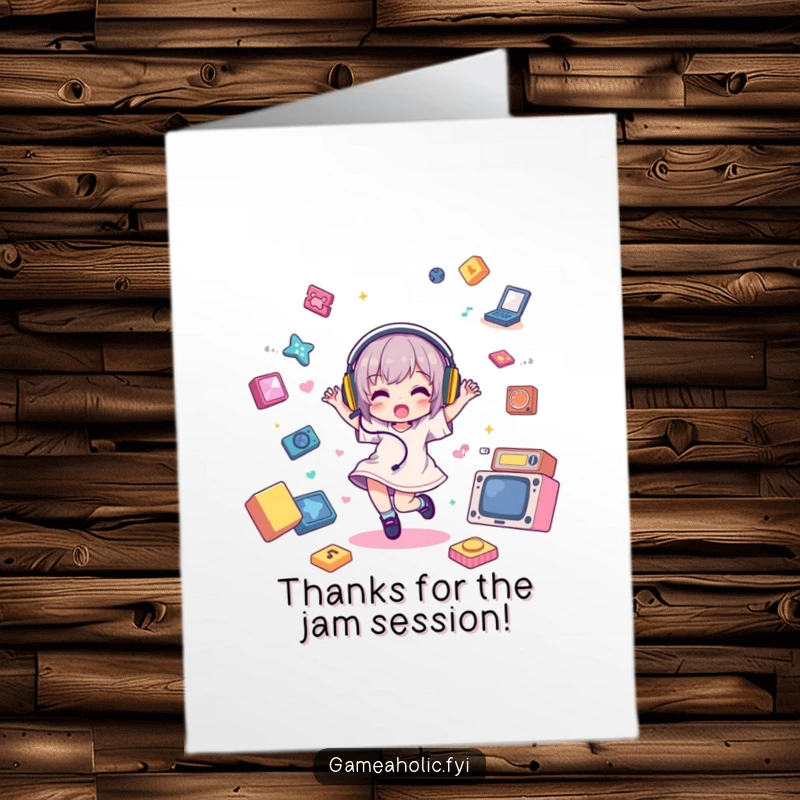 Funny Free Printable Thank You Card: A character with headphones, dancing with pure joy surrounded by game icons.