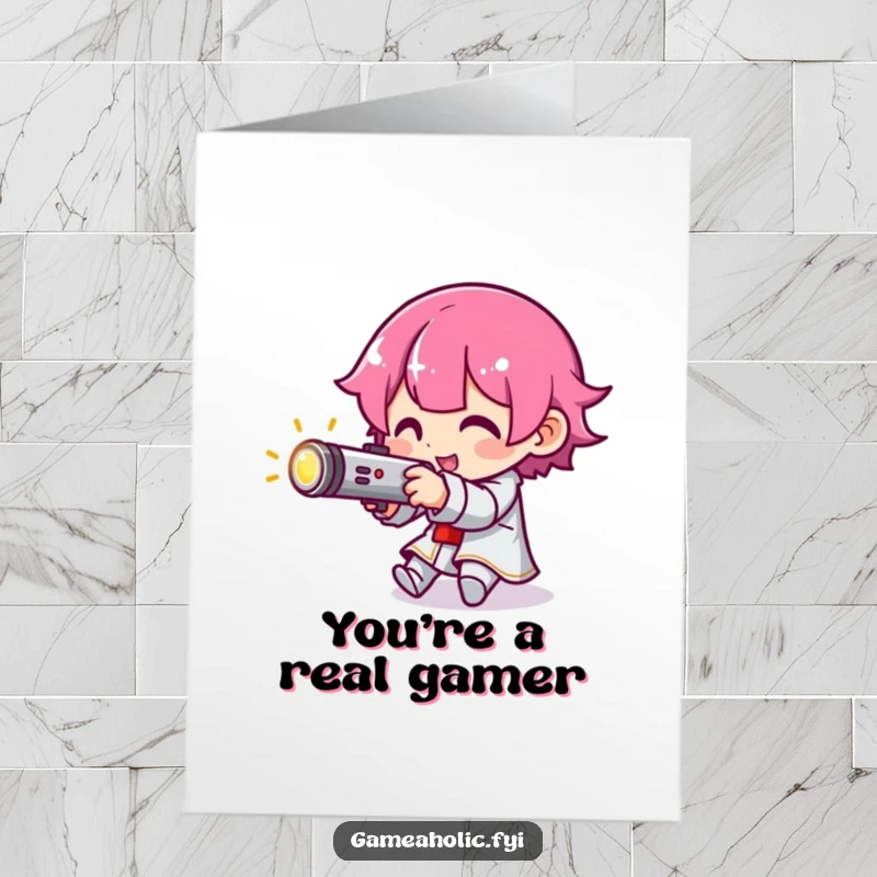 Funny Free Printable Thank You Card: Gamer character aiming a tiny joystick with determination, expressing thanks, downloadable style.