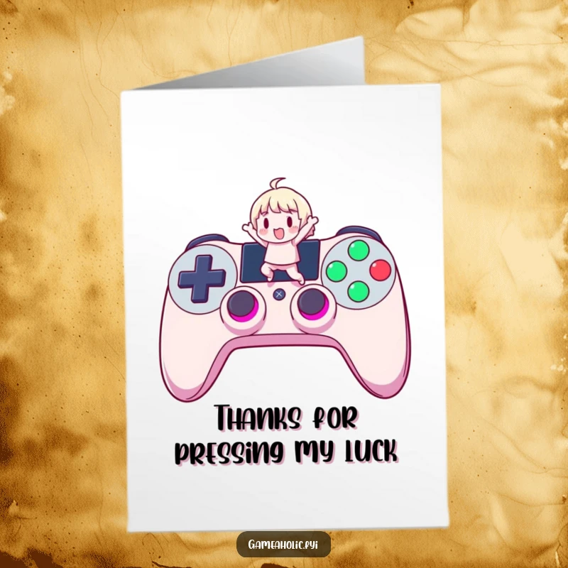 Funny Free Printable Thank You Card: A character joyfully jumping on a large, glowing game controller button.