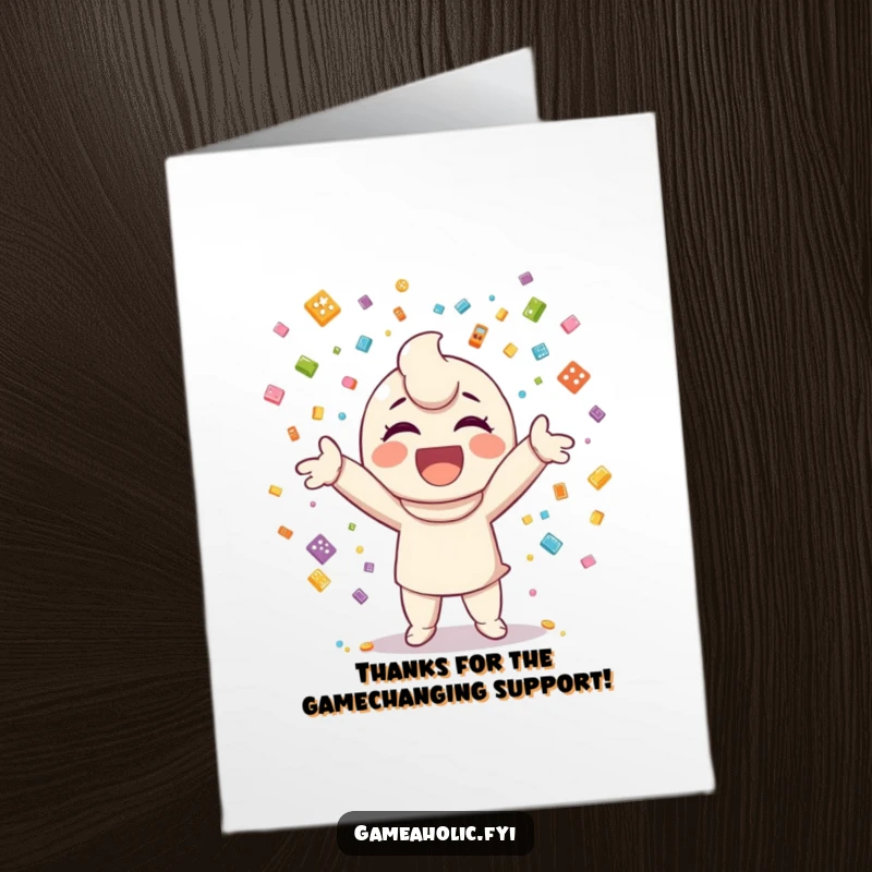 Funny Free Printable Thank You Card: Happy character tossing confetti made of small game icons, expressing thanks in a fun way.