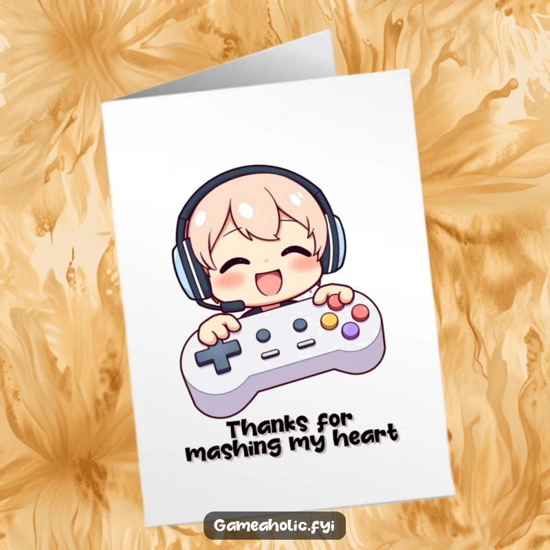 Funny Free Printable Thank You Card: Character wearing headphones, thanking you by mashing giant game controller buttons.