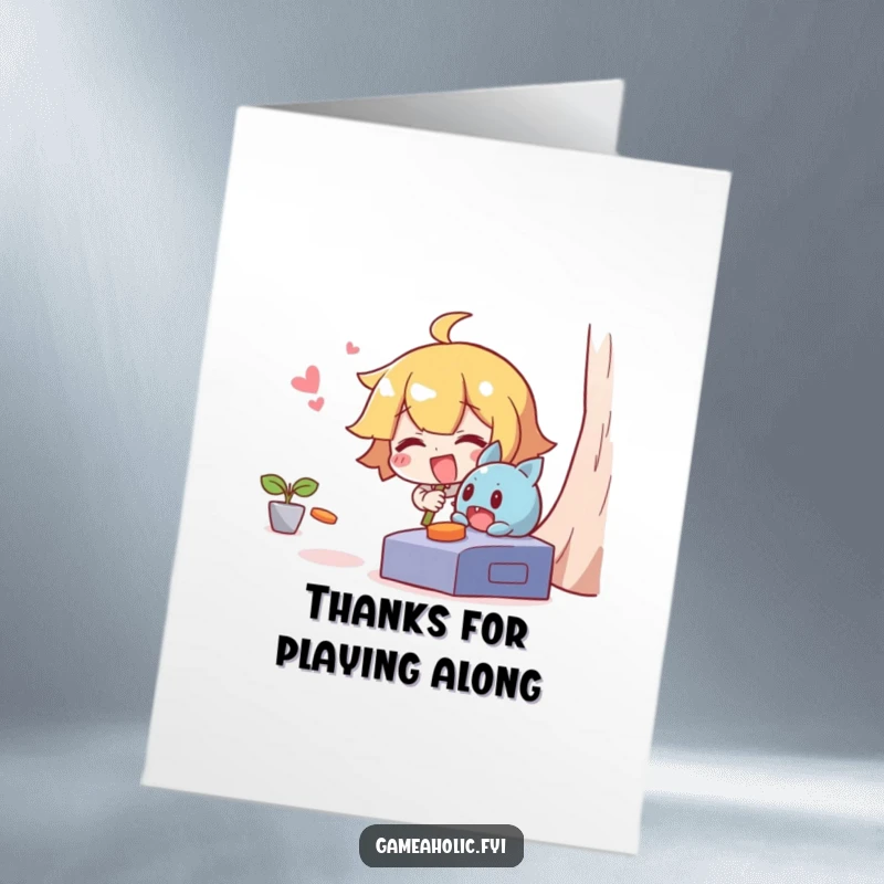 Funny Free Printable Thank You Card: Giggling character playfully chasing a mischievous character escaping a game.