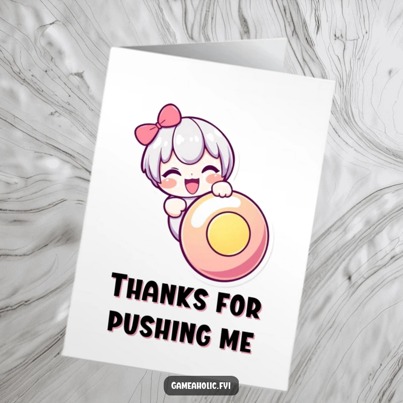 Funny Free Printable Thank You Card: Adorable character expressing thanks by joyfully mashing a large, glowing button.
