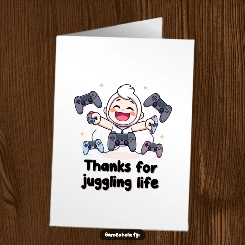 Funny Free Printable Thank You Card: Giggling character happily juggling various game controllers to say thanks.