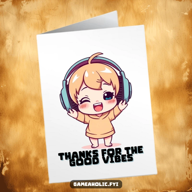 Funny Free Printable Thank You Card: Delighted character with headphones on, happily bobbing their head to say thanks.