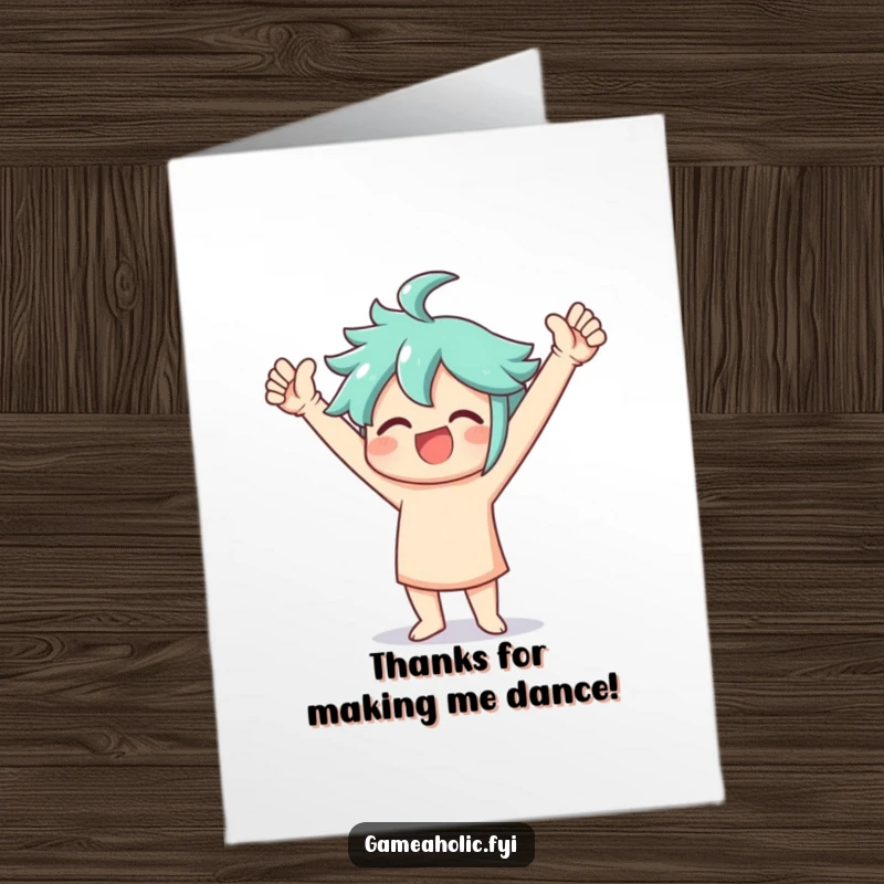 Funny Free Printable Thank You Card featuring a character celebrating with a victory dance, arms raised high in triumph.