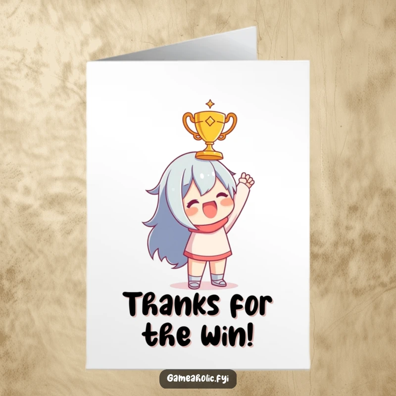 Funny Free Printable Thank You Card: Character holding a tiny golden trophy, expressing thanks for a victory. Downloadable appreciation gift.